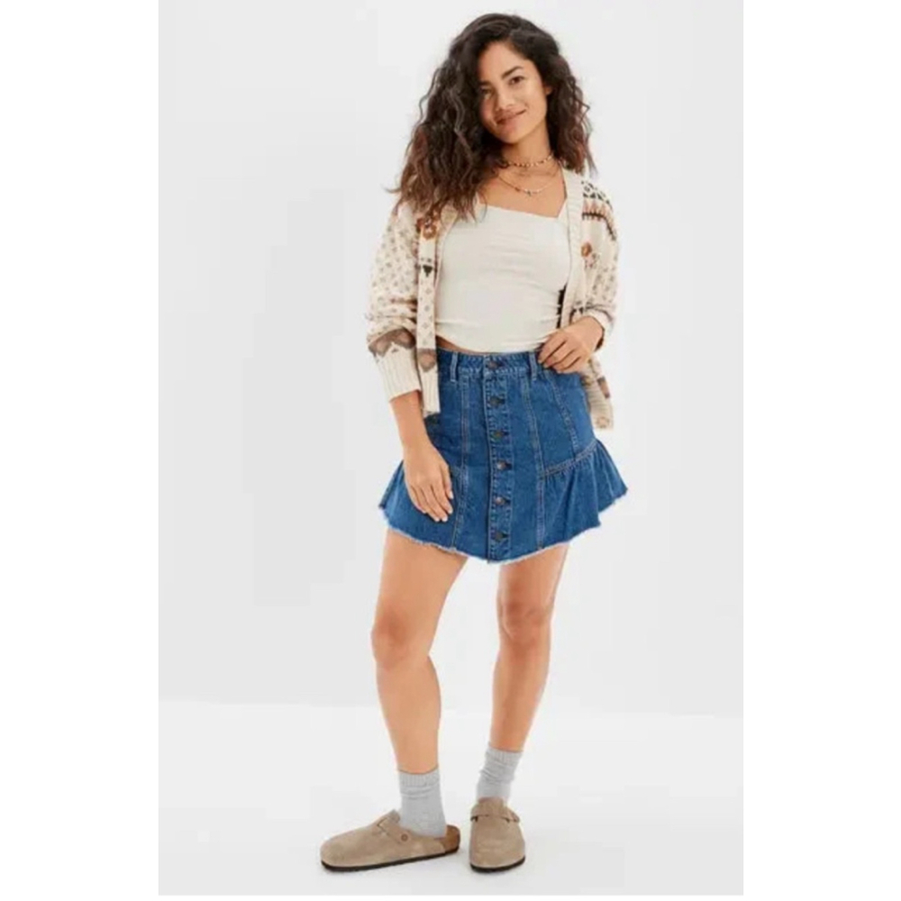Aerie Denim Jean Mini Pleated Ruffle Skirt Size‎ Small NWT